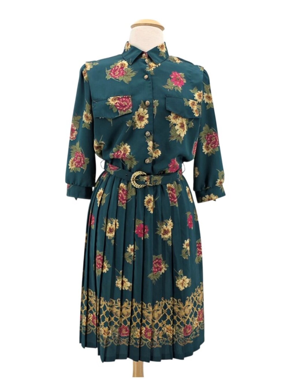 Vintage Breli Originals Womens 16 Dress Floral Knee Length 3/4 Sleeve Green
